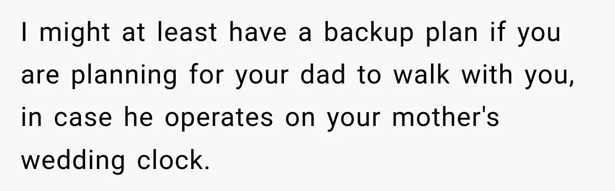 I might at least have a backup plan if you are planning for your dad to walk with you, in case he operates on your mother's wedding clock.