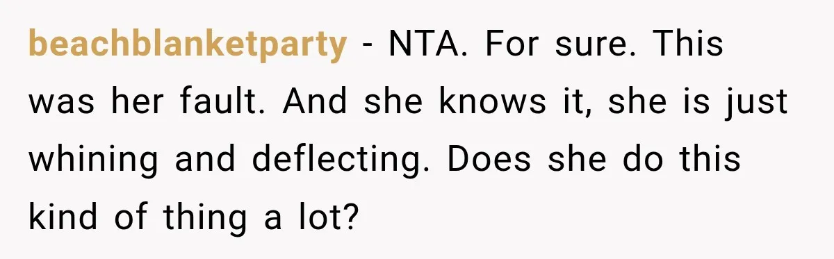 beachblanketparty − NTA. For sure. This was her fault. And she knows it, she is just whining and deflecting. Does she do this kind of thing a lot?