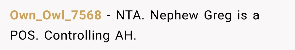 Own_Owl_7568 − NTA. Nephew Greg is a POS. Controlling AH.