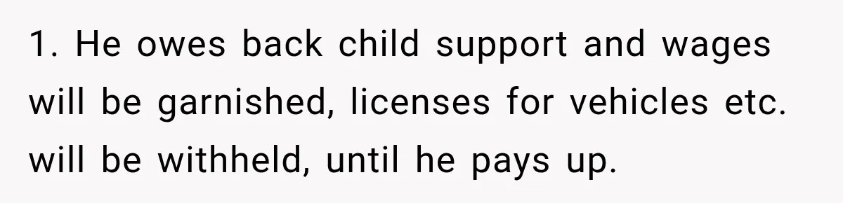 1. He owes back child support and wages will be garnished, licenses for vehicles etc. will be withheld, until he pays up.