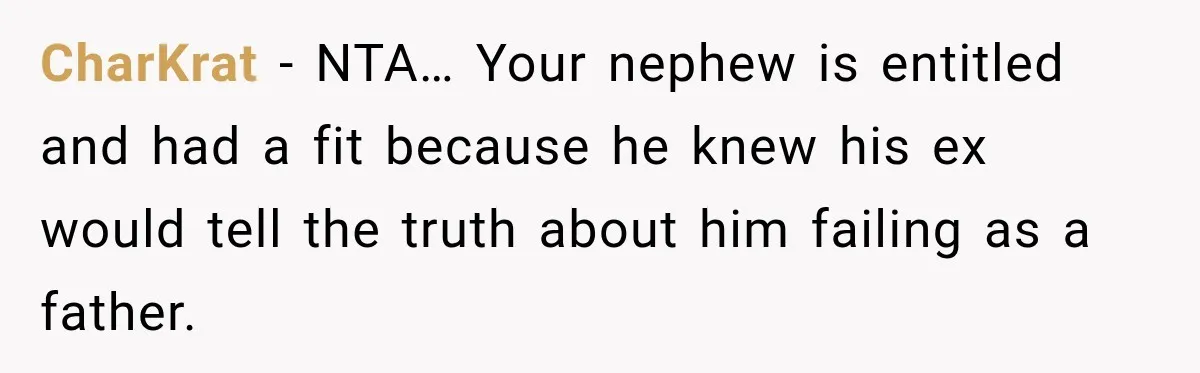 CharKrat − NTA… Your nephew is entitled and had a fit because he knew his ex would tell the truth about him failing as a father.