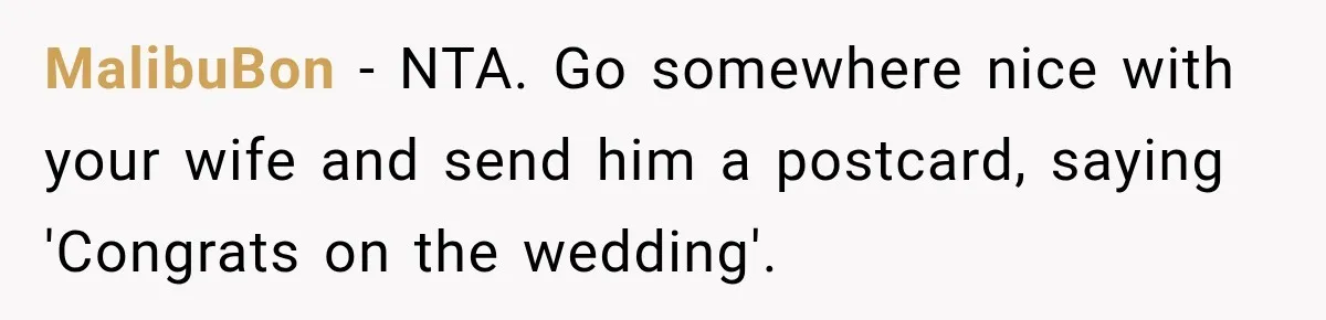 MalibuBon − NTA. Go somewhere nice with your wife and send him a postcard, saying 'Congrats on the wedding'.