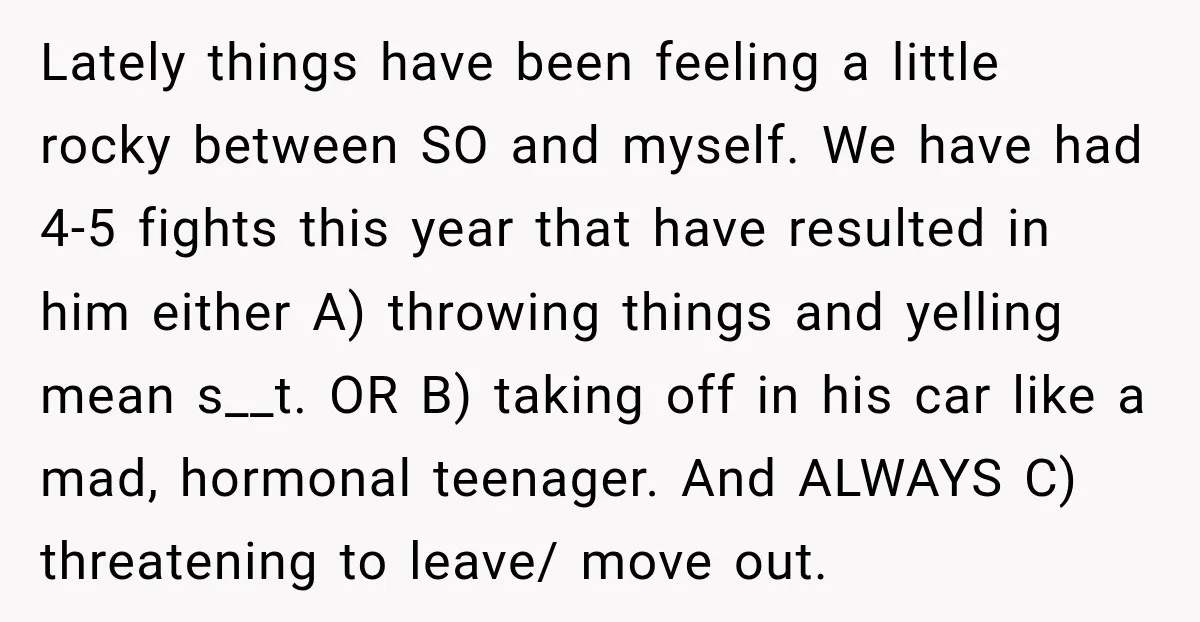 Lately things have been feeling a little rocky between SO and myself. We have had 4-5 fights this year that have resulted in him either A) throwing things and yelling...