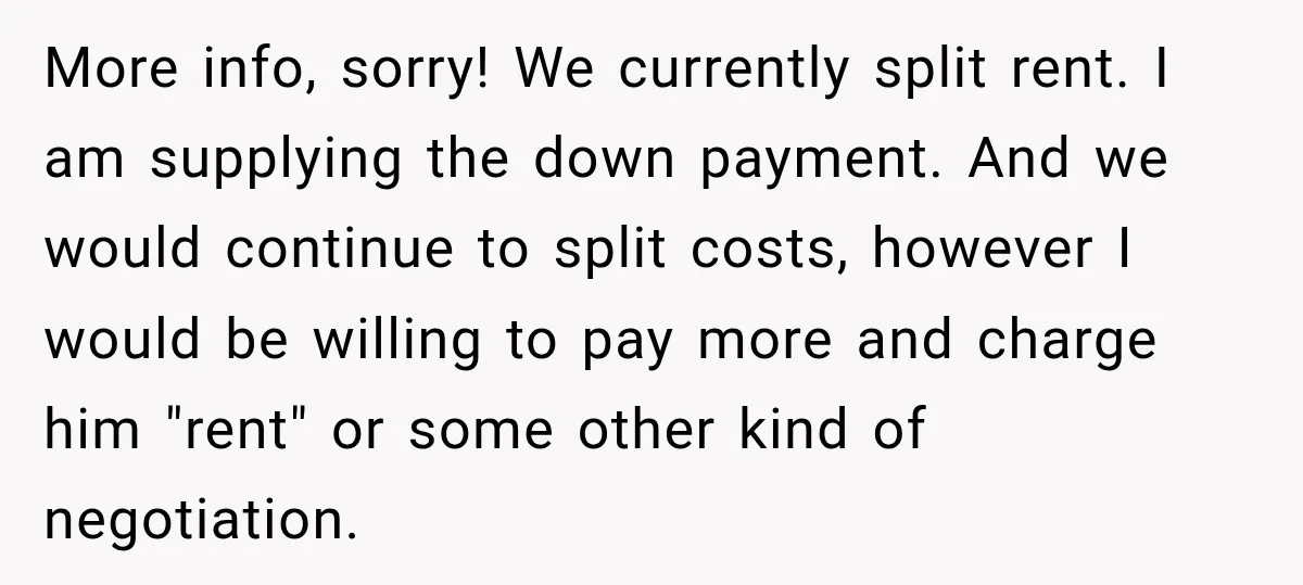 More info, sorry! We currently split rent. I am supplying the down payment. And we would continue to split costs, however I would be willing to pay more and charge...