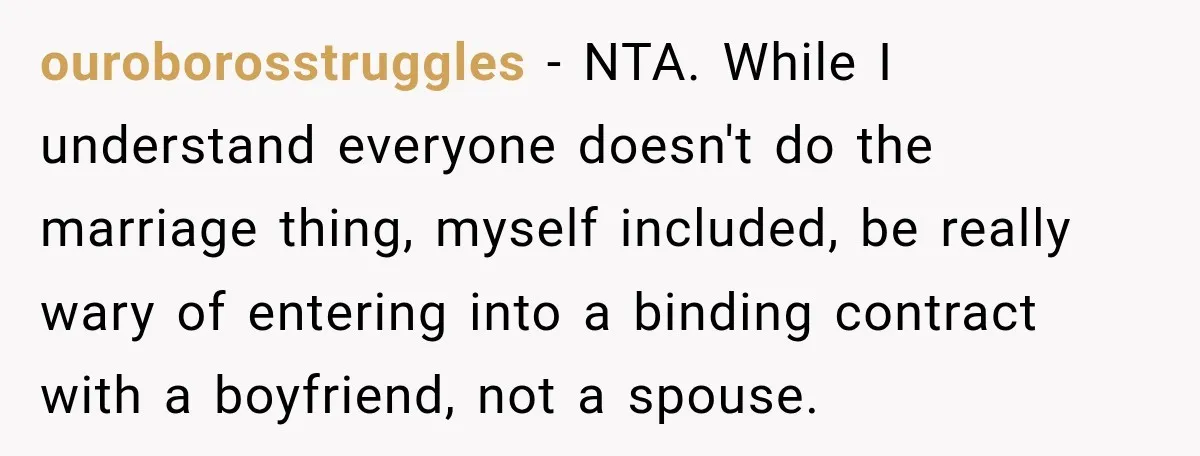 ouroborosstruggles − NTA. While I understand everyone doesn't do the marriage thing, myself included, be really wary of entering into a binding contract with a boyfriend, not a spouse.