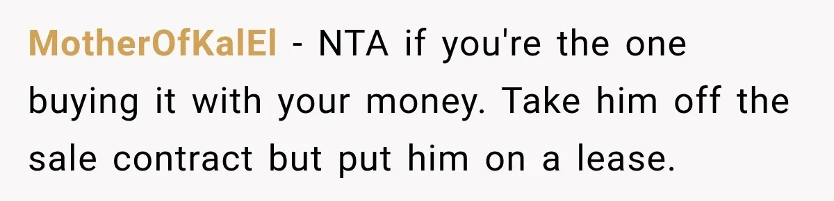 MotherOfKalEl − NTA if you're the one buying it with your money. Take him off the sale contract but put him on a lease.