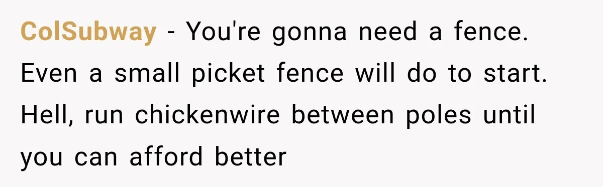 ColSubway − You're gonna need a fence. Even a small picket fence will do to start. Hell, run chickenwire between poles until you can afford better