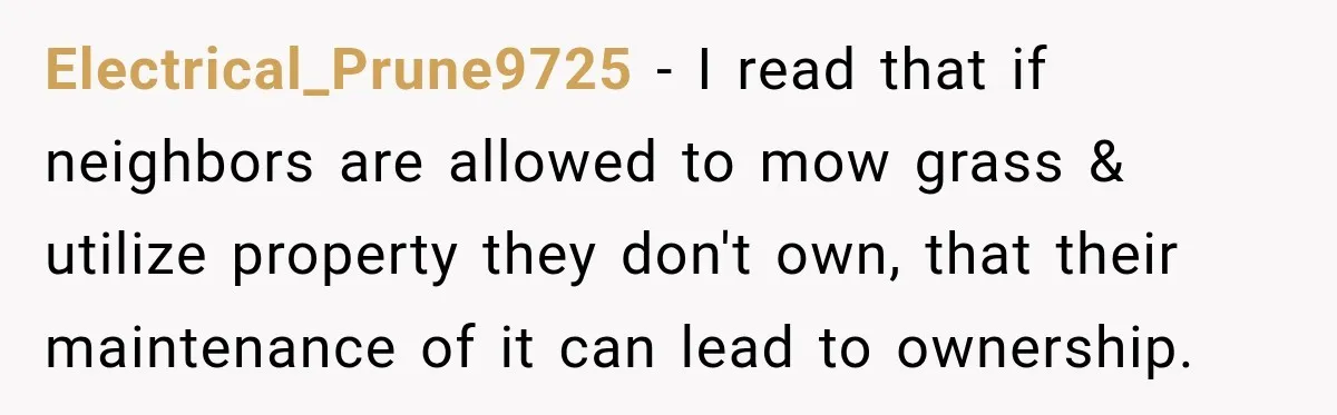 Electrical_Prune9725 − I read that if neighbors are allowed to mow grass & utilize property they don't own, that their maintenance of it can lead to ownership.
