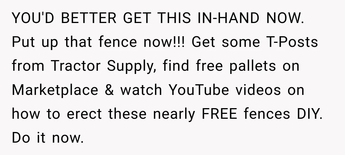 YOU'D BETTER GET THIS IN-HAND NOW. Put up that fence now!!! Get some T-Posts from Tractor Supply, find free pallets on Marketplace & watch YouTube videos on how to erect...