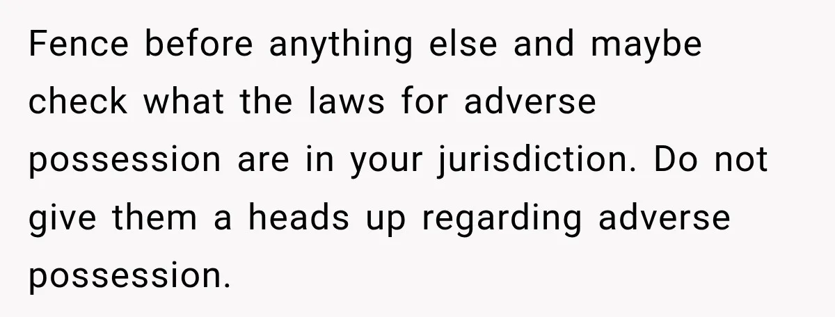 Fence before anything else and maybe check what the laws for adverse possession are in your jurisdiction. Do not give them a heads up regarding adverse possession.