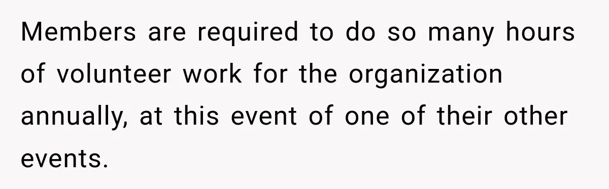 Members are required to do so many hours of volunteer work for the organization annually, at this event of one of their other events.