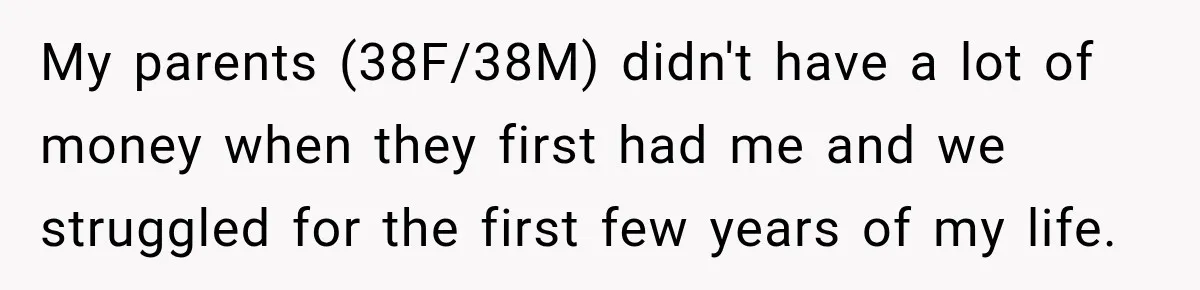 My parents (38F/38M) didn't have a lot of money when they first had me and we struggled for the first few years of my life.