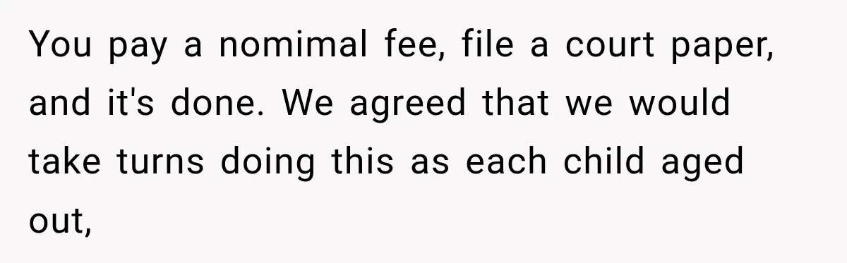 You pay a nomimal fee, file a court paper, and it's done. We agreed that we would take turns doing this as each child aged out,