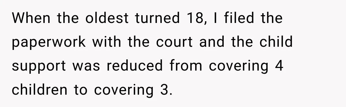 When the oldest turned 18, I filed the paperwork with the court and the child support was reduced from covering 4 children to covering 3.