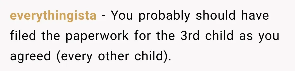 everythingista − You probably should have filed the paperwork for the 3rd child as you agreed (every other child).