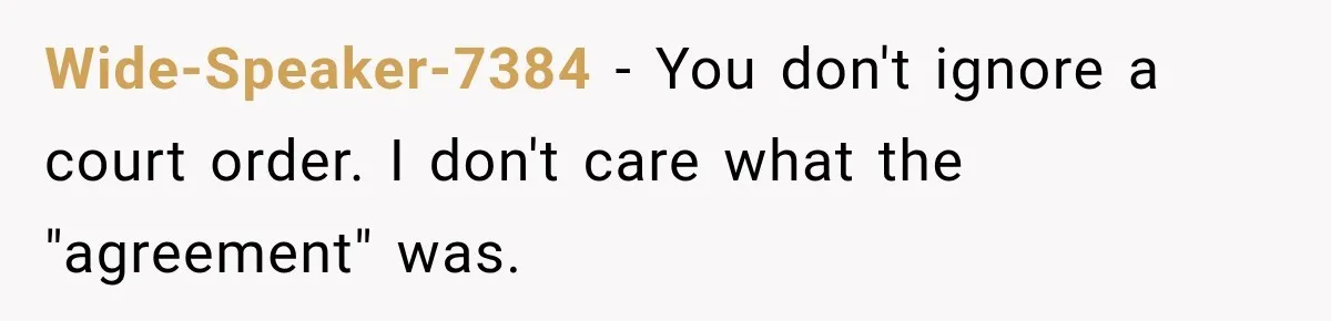 Wide-Speaker-7384 − You don't ignore a court order. I don't care what the "agreement" was.