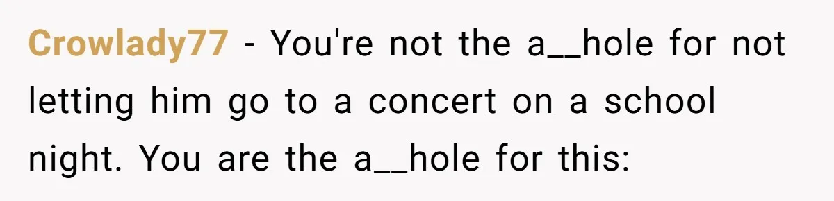 Crowlady77 − You're not the a__hole for not letting him go to a concert on a school night. You are the a__hole for this: