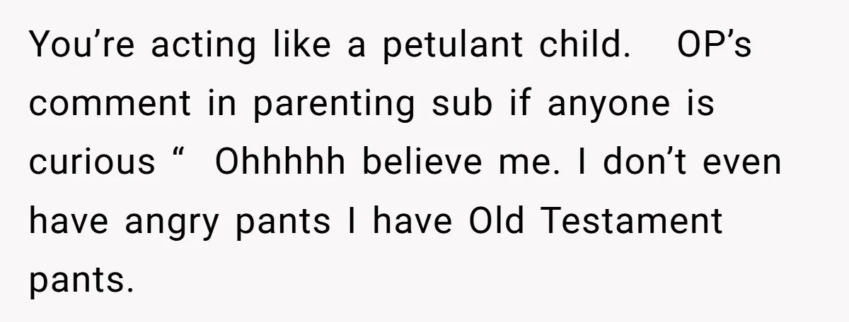 You’re acting like a petulant child.   OP’s comment in parenting sub if anyone is curious “  Ohhhhh believe me. I don’t even have angry pants I have Old Testament pants.