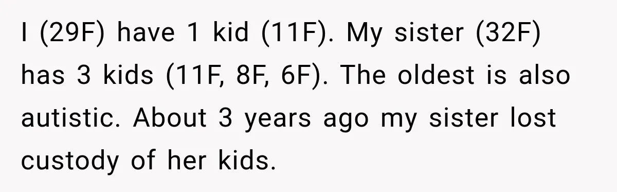 I (29F) have 1 kid (11F). My sister (32F) has 3 kids (11F, 8F, 6F). The oldest is also autistic. About 3 years ago my sister lost custody of her...