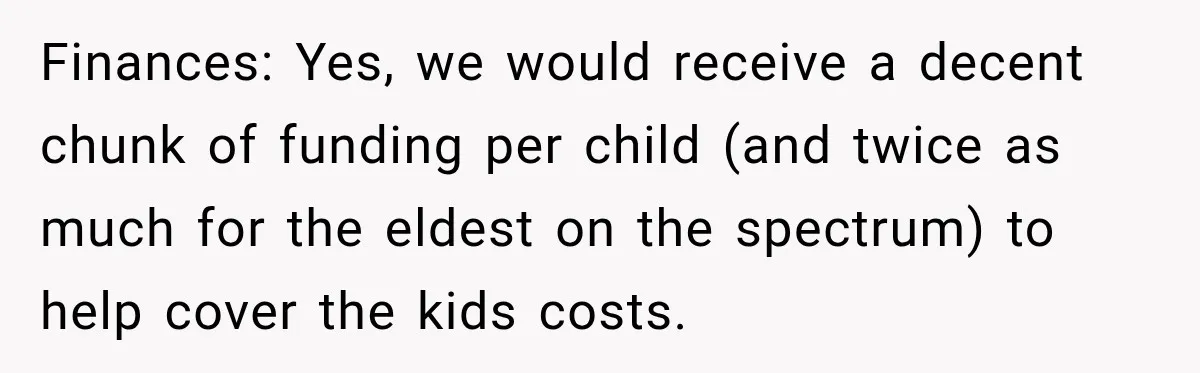 Finances: Yes, we would receive a decent chunk of funding per child (and twice as much for the eldest on the spectrum) to help cover the kids costs.
