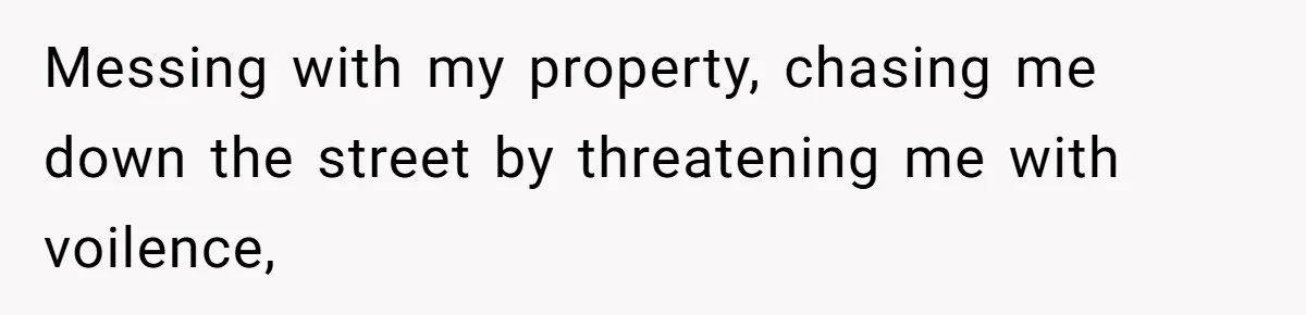 Messing with my property, chasing me down the street by threatening me with voilence,