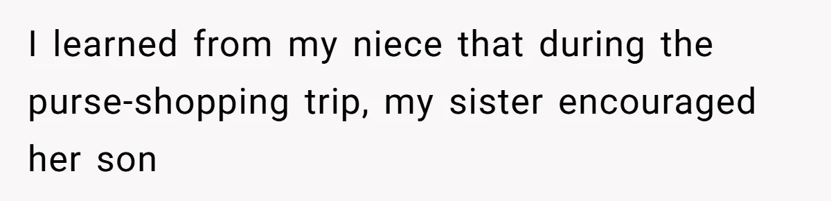 I learned from my niece that during the purse-shopping trip, my sister encouraged her son