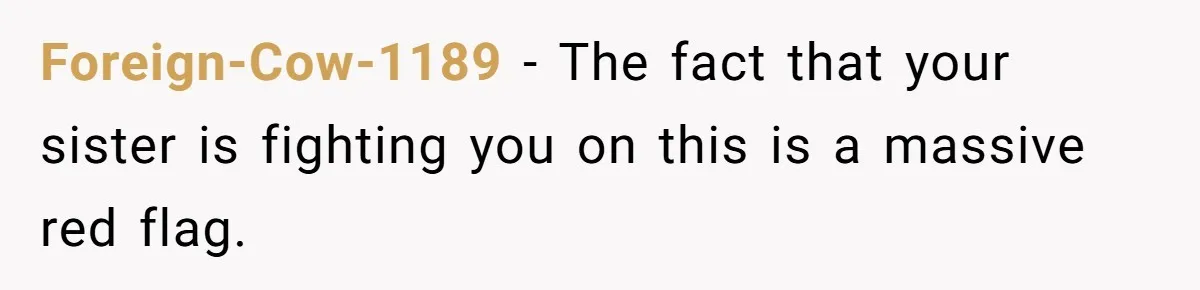 Foreign-Cow-1189 − The fact that your sister is fighting you on this is a massive red flag.