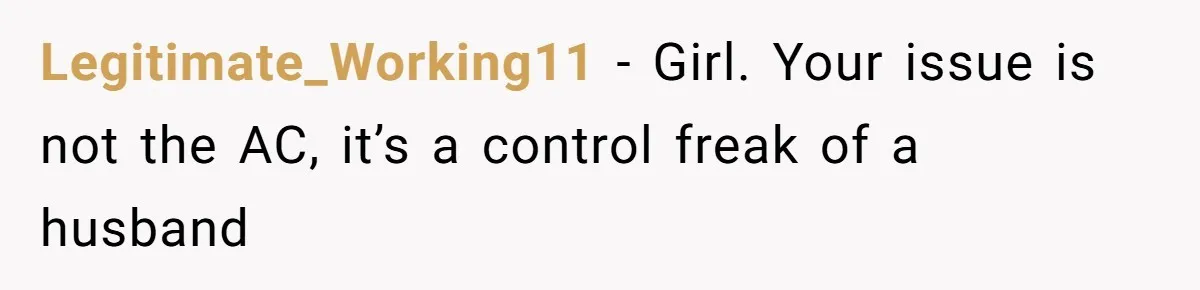 Legitimate_Working11 − Girl. Your issue is not the AC, it’s a control freak of a husband