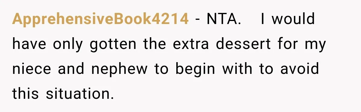 ApprehensiveBook4214 − NTA.   I would have only gotten the extra dessert for my niece and nephew to begin with to avoid this situation.