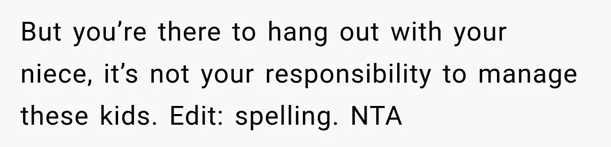 But you’re there to hang out with your niece, it’s not your responsibility to manage these kids. Edit: spelling. NTA