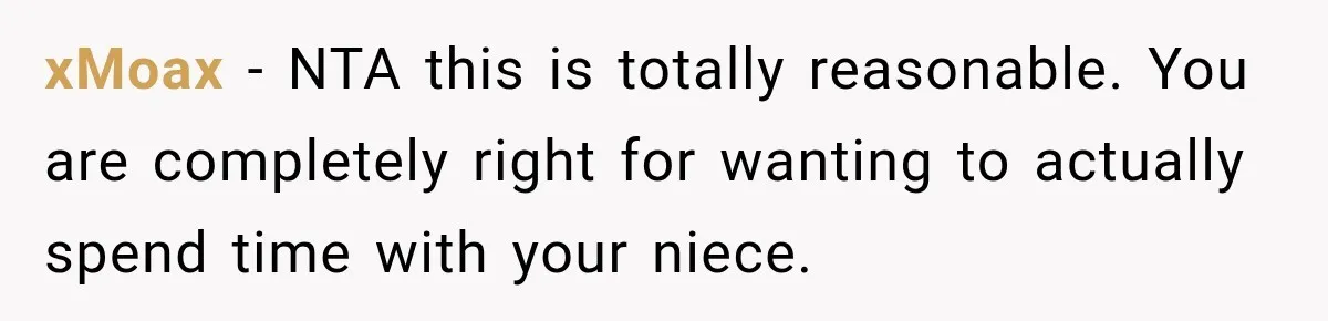 xMoax − NTA this is totally reasonable. You are completely right for wanting to actually spend time with your niece.