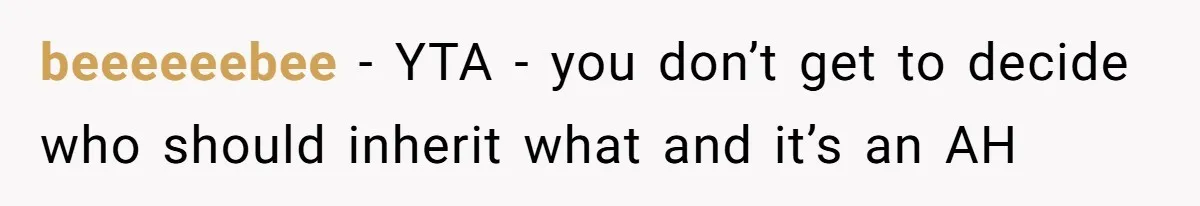 beeeeeebee − YTA - you don’t get to decide who should inherit what and it’s an AH