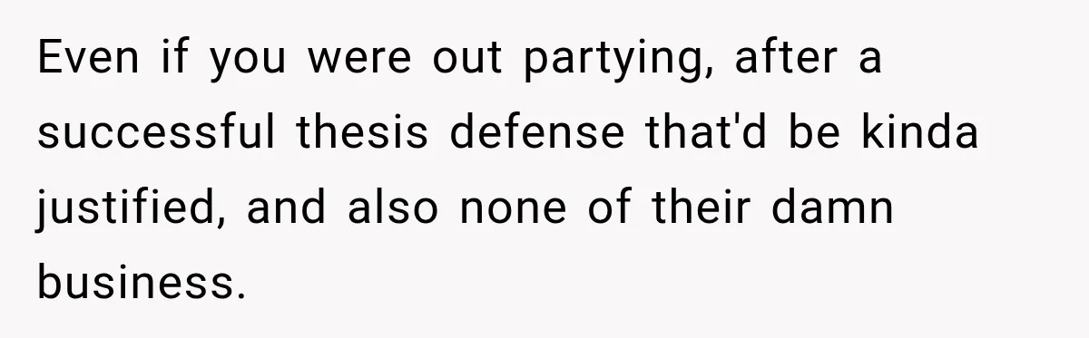 Even if you were out partying, after a successful thesis defense that'd be kinda justified, and also none of their damn business.