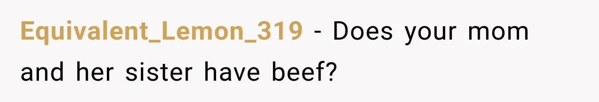 Equivalent_Lemon_319 − Does your mom and her sister have beef?