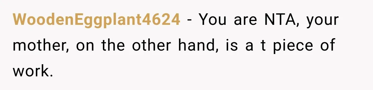 WoodenEggplant4624 − You are NTA, your mother, on the other hand, is a t piece of work.
