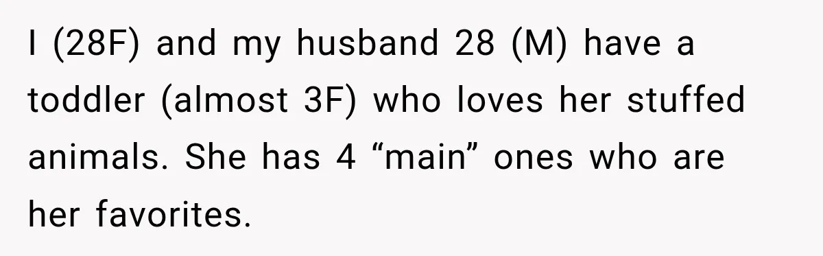 I (28F) and my husband 28 (M) have a toddler (almost 3F) who loves her stuffed animals. She has 4 “main” ones who are her favorites.