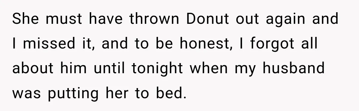 She must have thrown Donut out again and I missed it, and to be honest, I forgot all about him until tonight when my husband was putting her to bed.