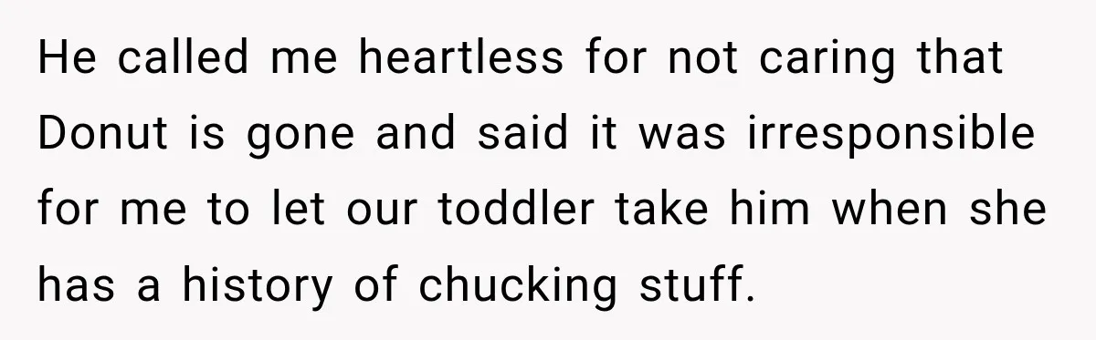 He called me heartless for not caring that Donut is gone and said it was irresponsible for me to let our toddler take him when she has a history of...