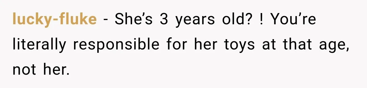 lucky-fluke − She’s 3 years old? ! You’re literally responsible for her toys at that age, not her.