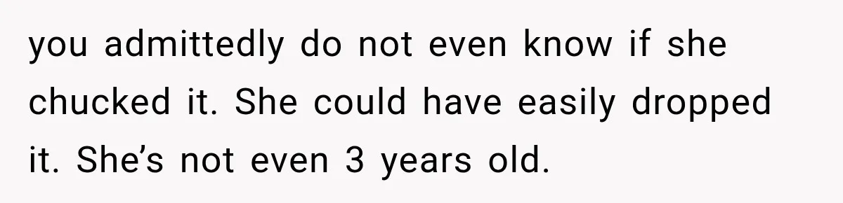 you admittedly do not even know if she chucked it. She could have easily dropped it. She’s not even 3 years old.