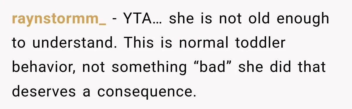 raynstormm_ − YTA… she is not old enough to understand. This is normal toddler behavior, not something “bad” she did that deserves a consequence.