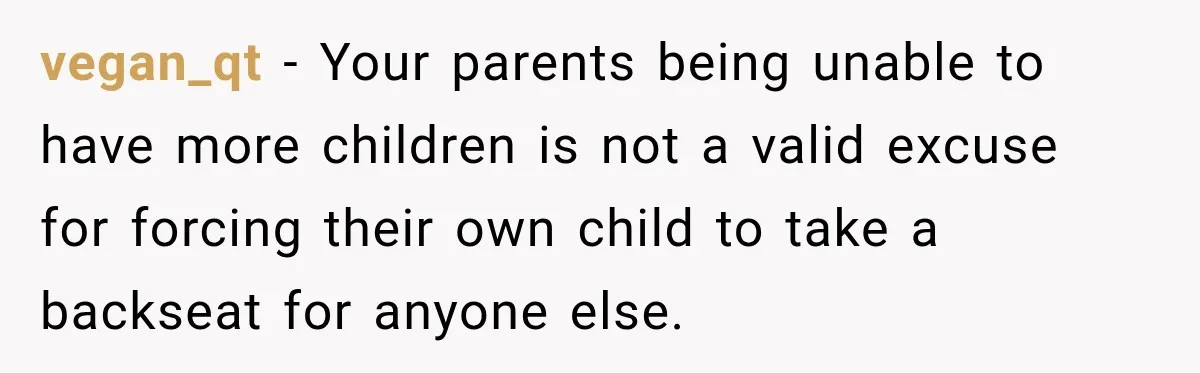 Parents Blamed Their Son For Ruining Their Foster Dream, Years Later They Still Haven’t Let It Go vegan_qt − Your parents being unable to have more children is not a valid excuse for forcing their own child to take a backseat for anyone else.
