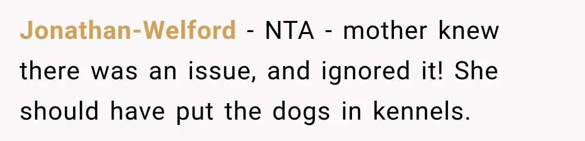 Son Calls Mom Home From Beach Trip After Finding Dogs Refusing Food And Water Jonathan-Welford − NTA - mother knew there was an issue, and ignored it! She should have put the dogs in kennels.
