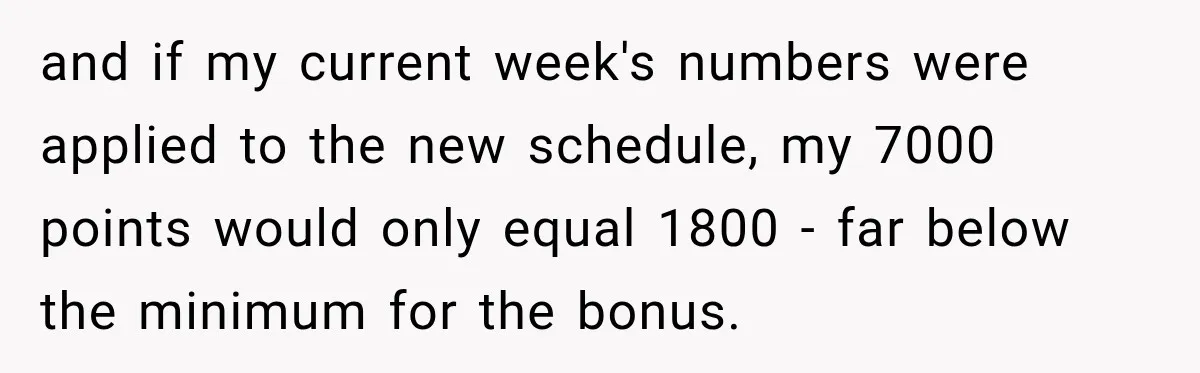 Boss Told Employee His Numbers Were Too Good, Then Lost His Best Worker and if my current week's numbers were applied to the new schedule, my 7000 points would only equal 1800 - far below the minimum for the bonus.