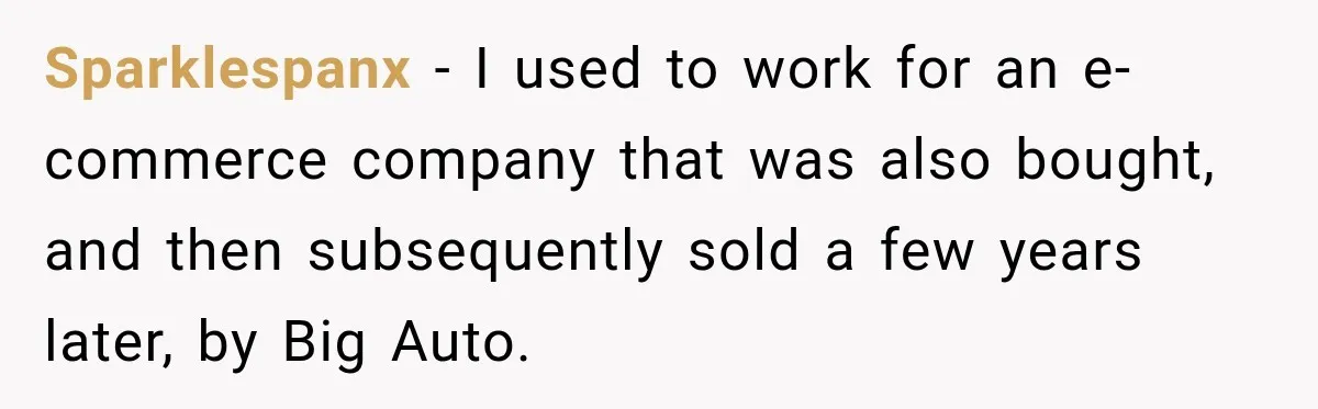 Boss Told Employee His Numbers Were Too Good, Then Lost His Best Worker Sparklespanx − I used to work for an e-commerce company that was also bought, and then subsequently sold a few years later, by Big Auto.