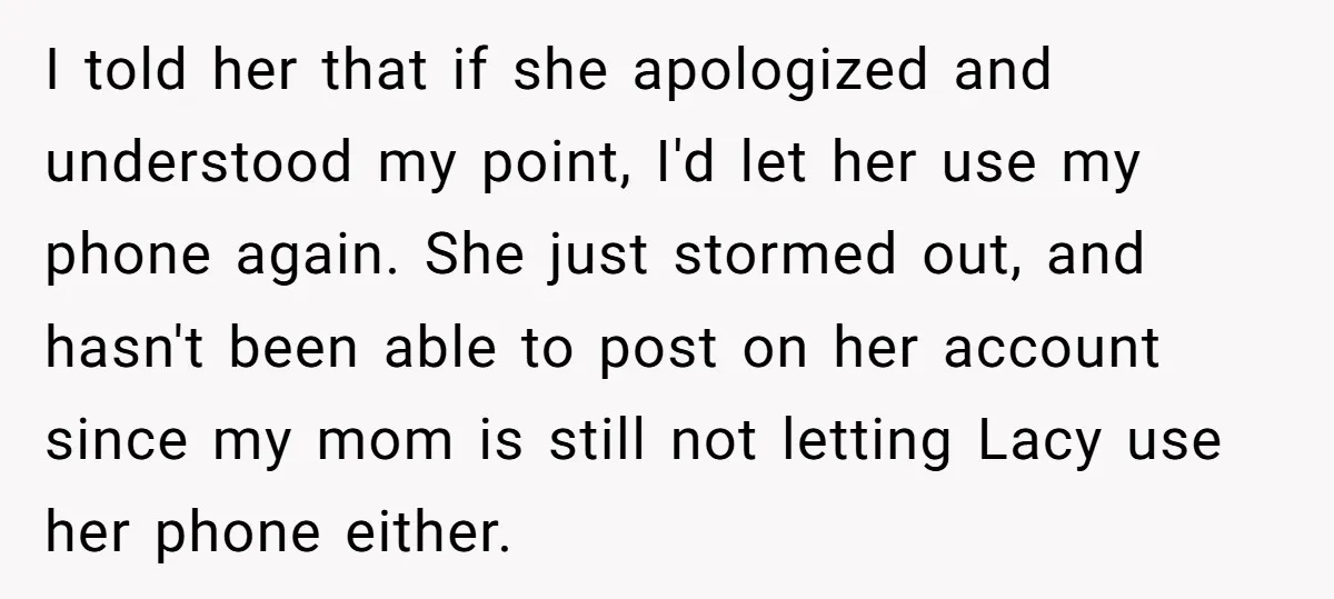 She Refused to Let Her Sister Borrow Her Phone After One Breakfast Argument. Now the Whole Family Is Backing Her. I told her that if she apologized and understood my point, I'd let her use my phone again. She just stormed out, and hasn't been able to post on her...