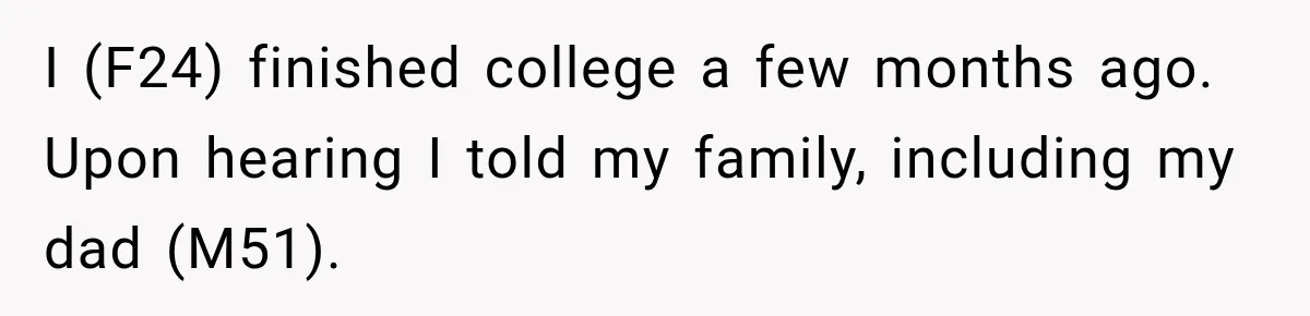 Dad Skips His Daughter’s Graduation, Then Blows Up When She Misses One Phone Call I (F24) finished college a few months ago. Upon hearing I told my family, including my dad (M51).