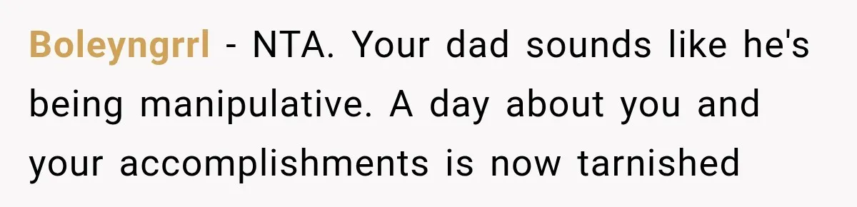 Dad Skips His Daughter’s Graduation, Then Blows Up When She Misses One Phone Call Boleyngrrl − NTA. Your dad sounds like he's being manipulative. A day about you and your accomplishments is now tarnished