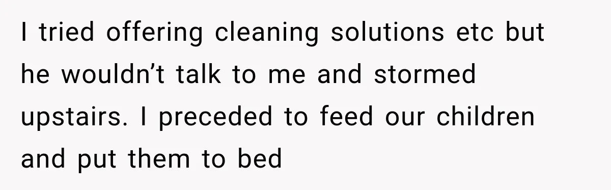 I tried offering cleaning solutions etc but he wouldn’t talk to me and stormed upstairs. I preceded to feed our children and put them to bed