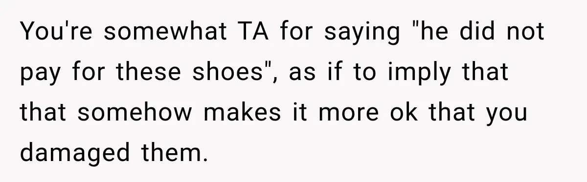 You're somewhat TA for saying "he did not pay for these shoes", as if to imply that that somehow makes it more ok that you damaged them.